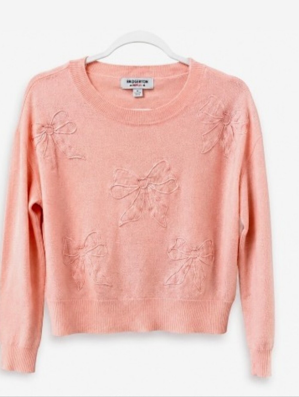 BRIDGERTON Pink Bow Appliqué Crewneck Sweater